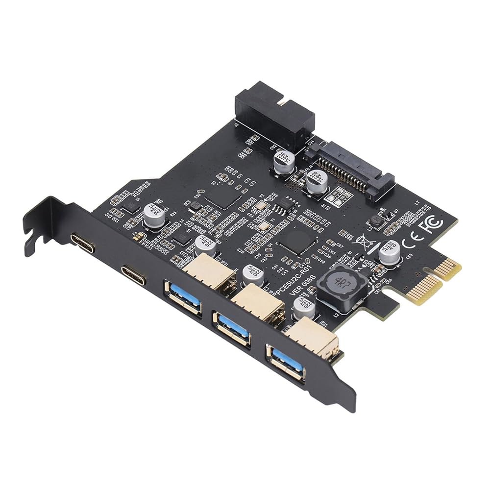PCIe에서 USB 2세대 확장 카드(20Gbps 속도), 데스크톱 PC용 5포트 허브(3형 A + 2형 C), 3.2 장치와 호환, Windows, Linux 및 macOS 운영 - 상품 이미지