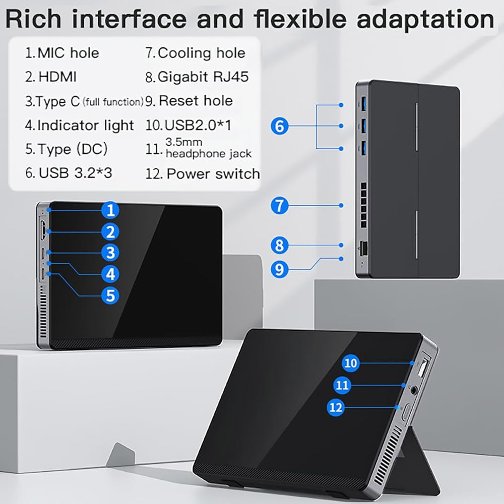 미니 PC 컴퓨터 N200 (업그레이드 N100) Wifi6 스크린, LPDDR5 16GB, Win11 512GB BT5.2 배터리 온보드 스크린 터치 SSD 3400mAh, 7인 - 상세 이미지 2