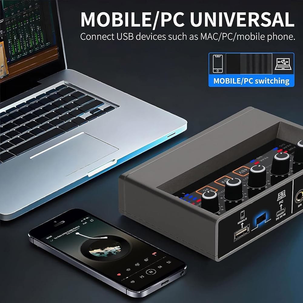 터치 모델이 있는 PC용 USB 오디오 인터페이스, 음악 녹음, 라이브 스트리밍 및 팟캐스트 녹음을 위한 프리앰프 16비트 / 48kHz 팬텀 파워 XLR 48V 인터페이스 포함 - 상세 이미지 3