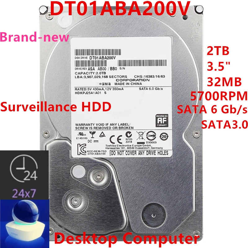 DVR NVR 감시 하드 DT01ABA200V Toshiba 2TB 3.5 SATA 6 Gb/s 32MB 7200RPM 새 원본 HDD
