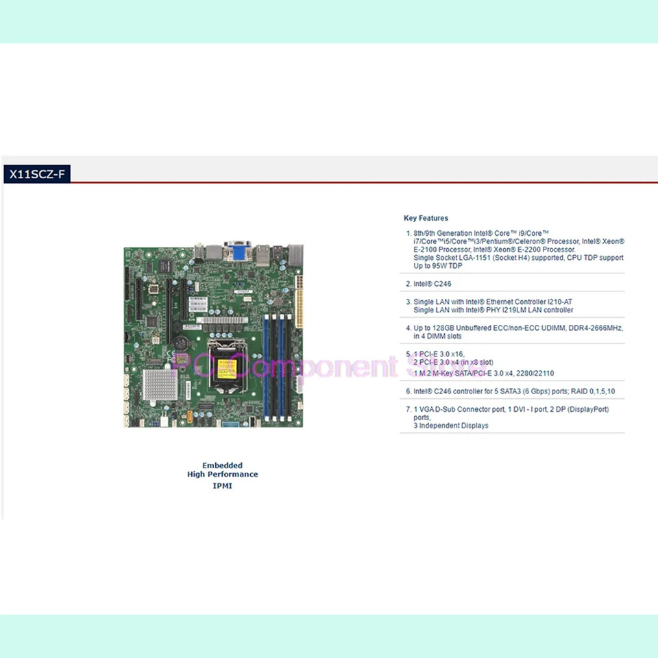 Supermicro 워크스테이션 마더보드X11SCZ-F 8/대 코어 i3/i5/i7/i9 Xeon E-2100/E-2200 시리즈 LGA-1151 DDR4 PCI-E3.0