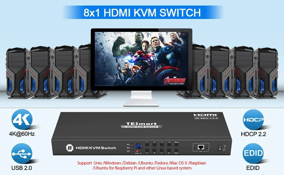 KVM HDMI 스위치 4K 60HZ 키보드 마우스 RS232 IP 제어 8 포트 신