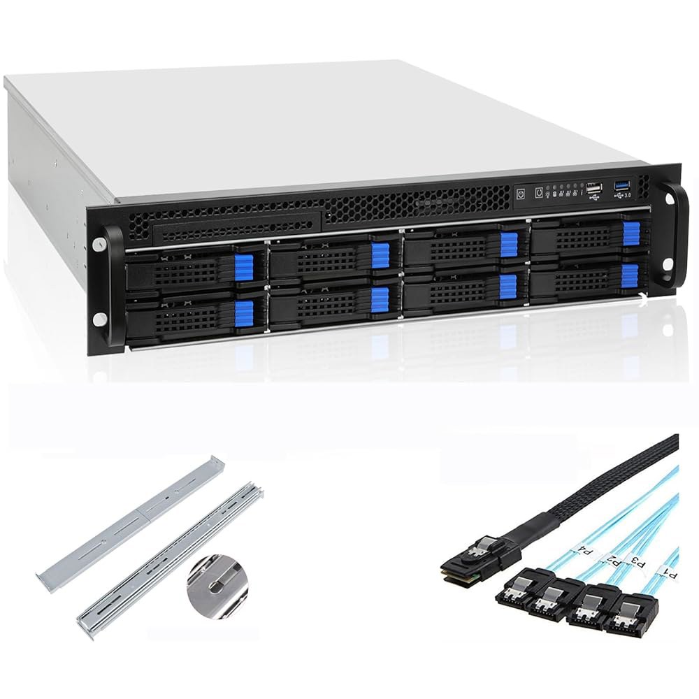 RackChoice 2U 서버 케이스 6Gbps 핫 베이 미니사에서 54.6cm(21.5인치) 케이블 레일 PSU 스왑 8x3.5 슬라이딩 SATA 깊이 지원, ATX M-ATX/ - 상품 이미지
