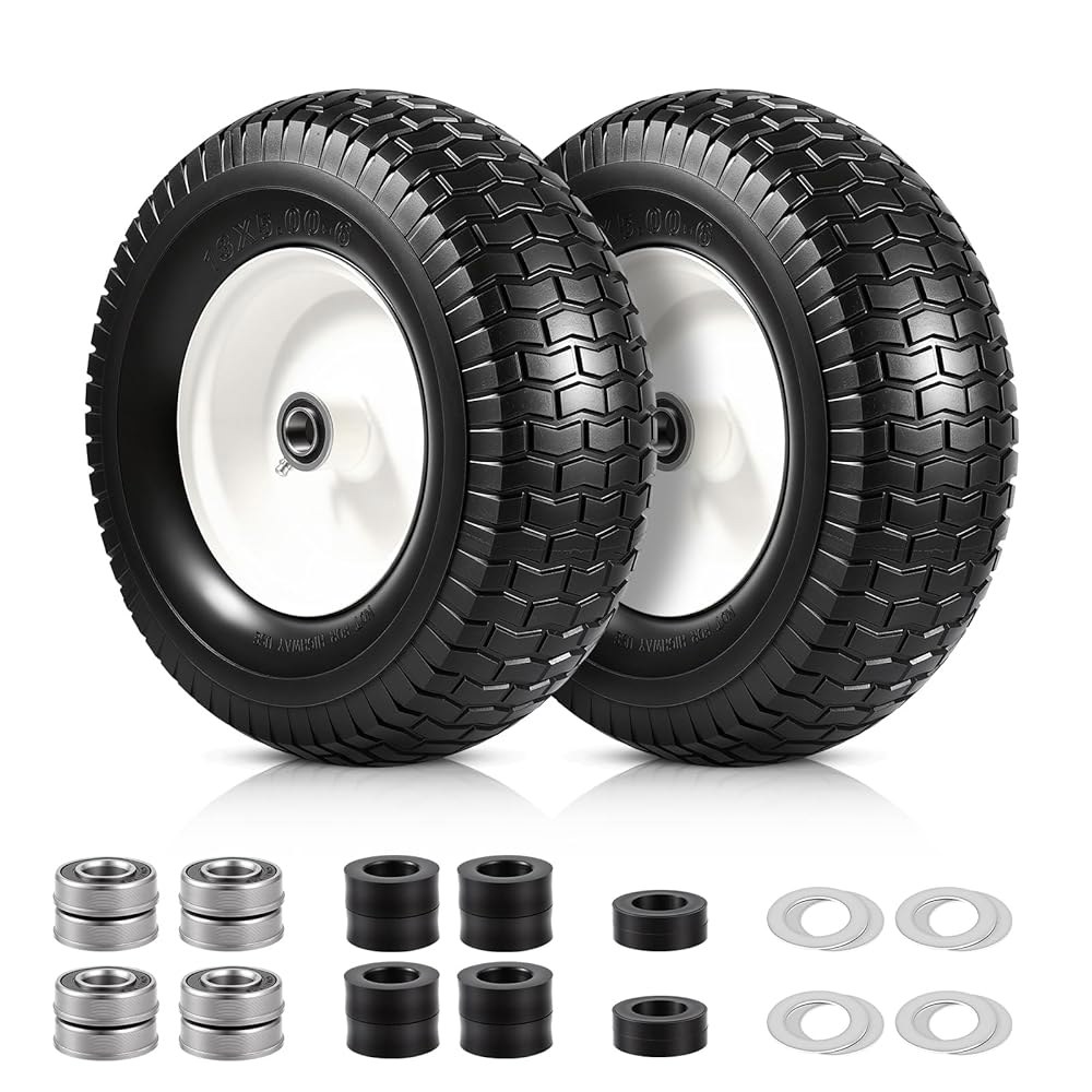 2팩 13x5.00-6 플랫 프리 타이어 및 어셈블리, 1.9cm(3/4인치) 잔디 휠 라이딩용, 1.6cm(5/8인치) 고무 허브 기계 깎는 7.6cm(3인치) 포함 33x12. - 상품 이미지