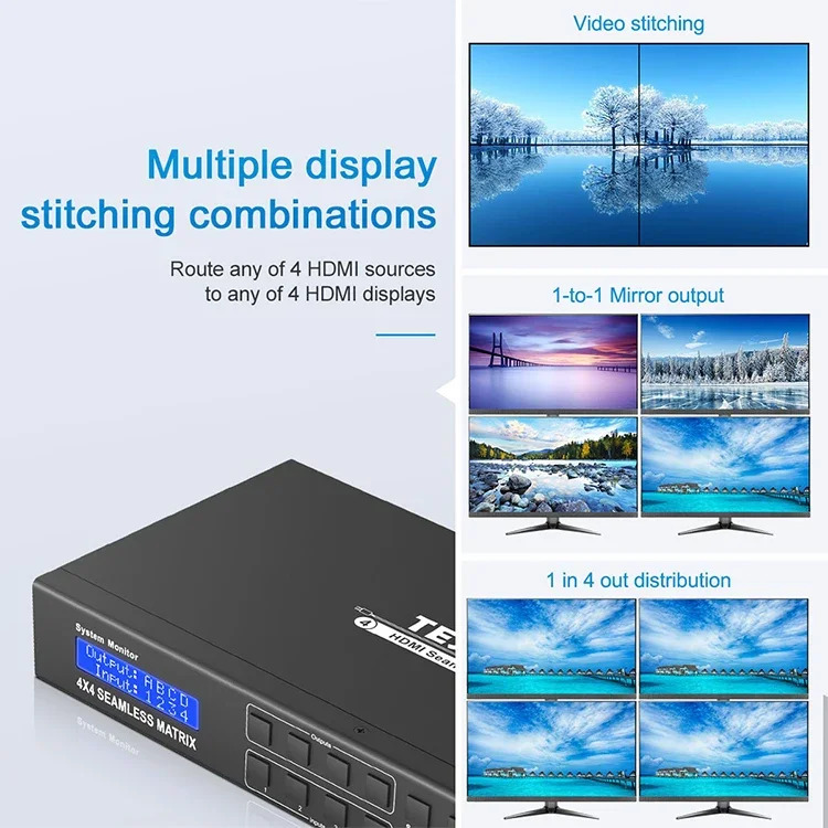 TESmart 비디오 심리스 4x4 HDMI 매트릭스 스위처 지지대 2x2 월 모드 디자인