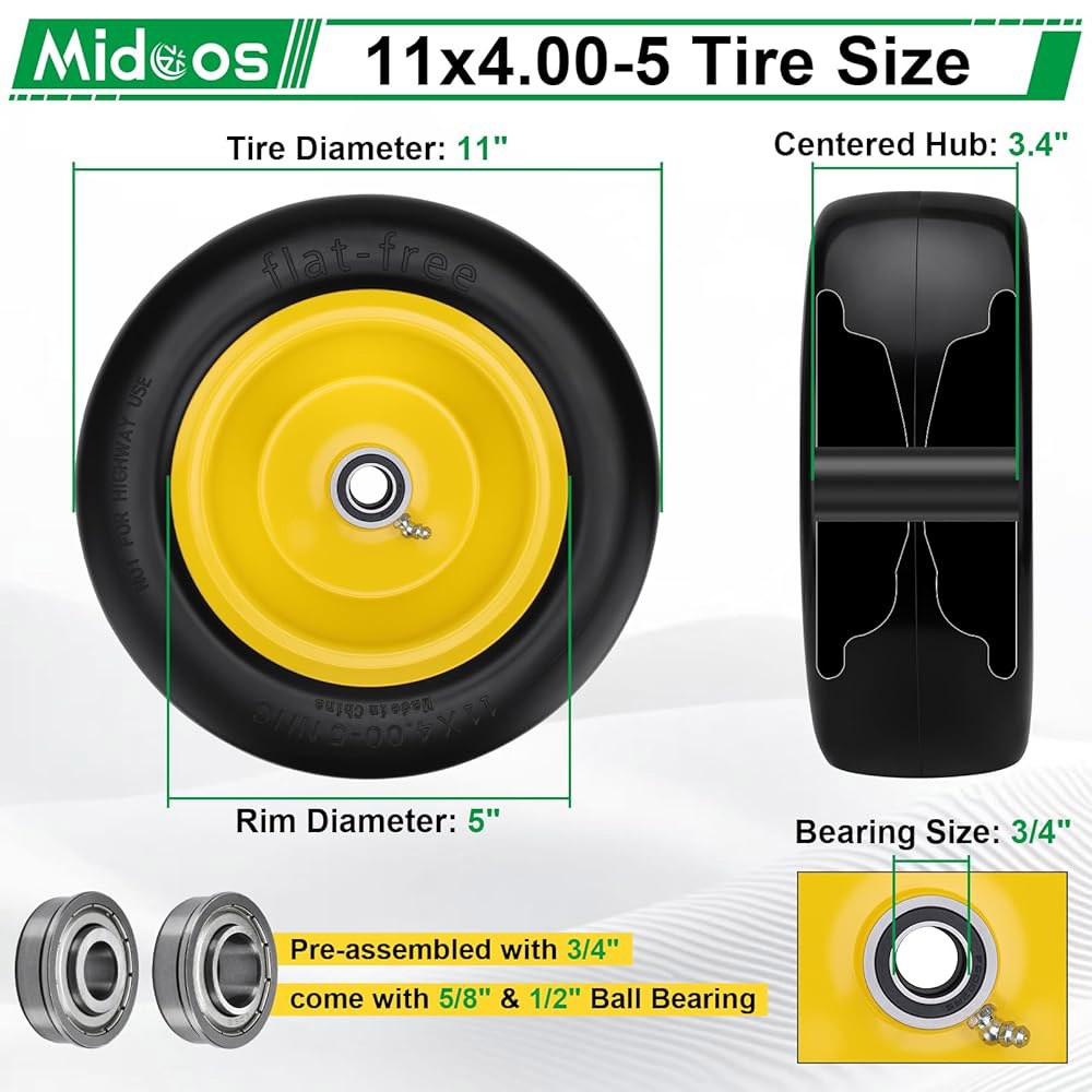 2Pcs 11x4.00-5 Lawn Mower Tires Flat Hub, Ball & For Smooth Front 11x4-5 3/4 5/8 Turn Zero Mowers Fr - 상세 이미지 2