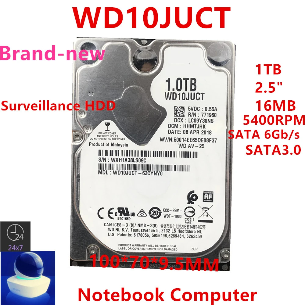 원본 HDD WD Black 1 테라바이트 2.5 SATA 6 기가 바이트호환/초 16MB 5400RPM 내부 하드 노트북 모니터링 WD10JUCT