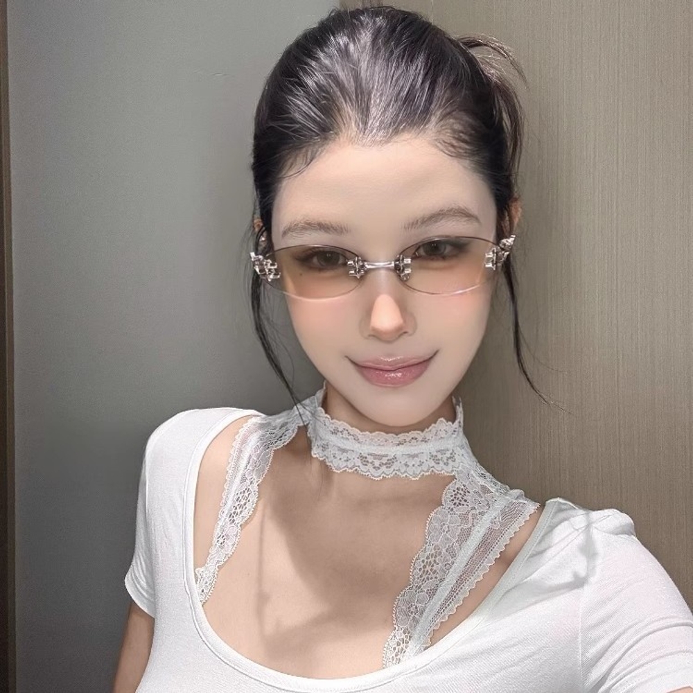 Y2K 무테 선글라스 실버 메탈 타원형 레트로 패션 아이웨어 실버 프레임 미러 렌즈 - 상세 이미지 3