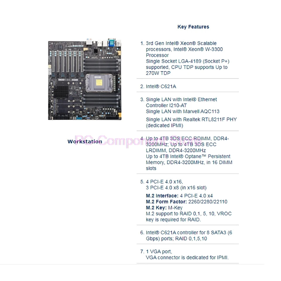 슈퍼마이크로 워크스테이션마더보드 LGA-4189 DDR4 3 세대 제온 확장 프로세서 W-3300 X12SPA-TF