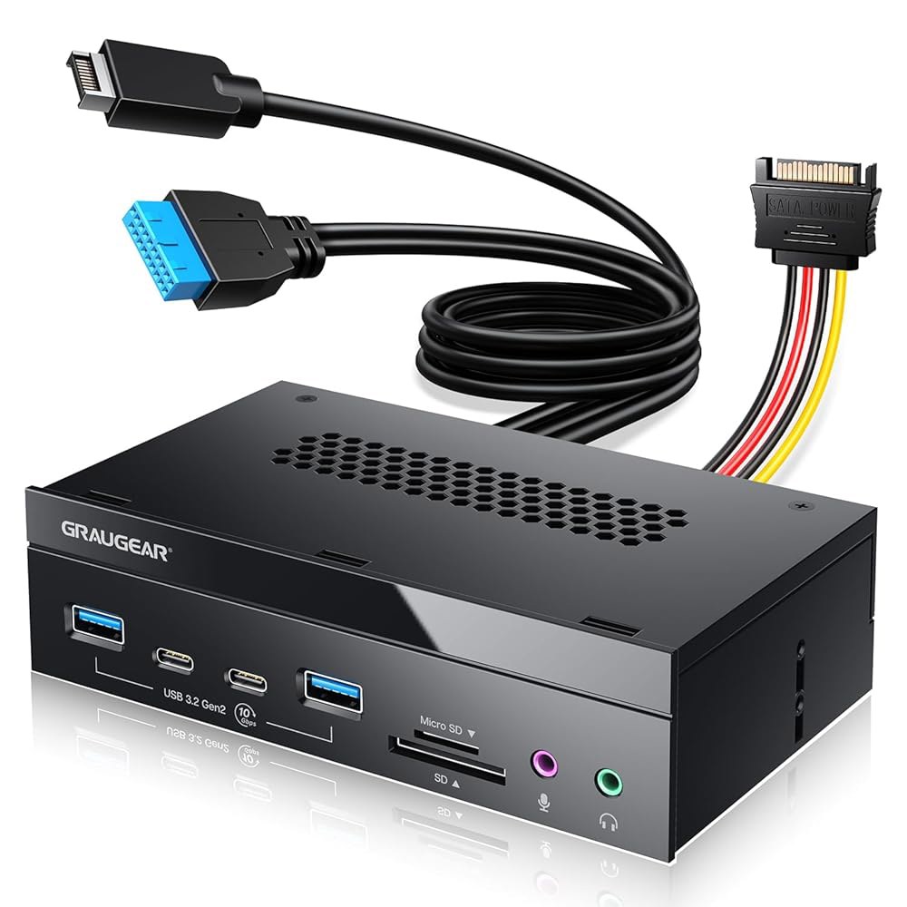 GRAUGEAR 5.25인치 PC 전면 패널 USB 허브 - 10Gbps USB-C 포트, 듀얼 3.0, SD / microSD 카드 리더, 오디오 데스크톱용 드라이브 베이 확장( - 상품 이미지