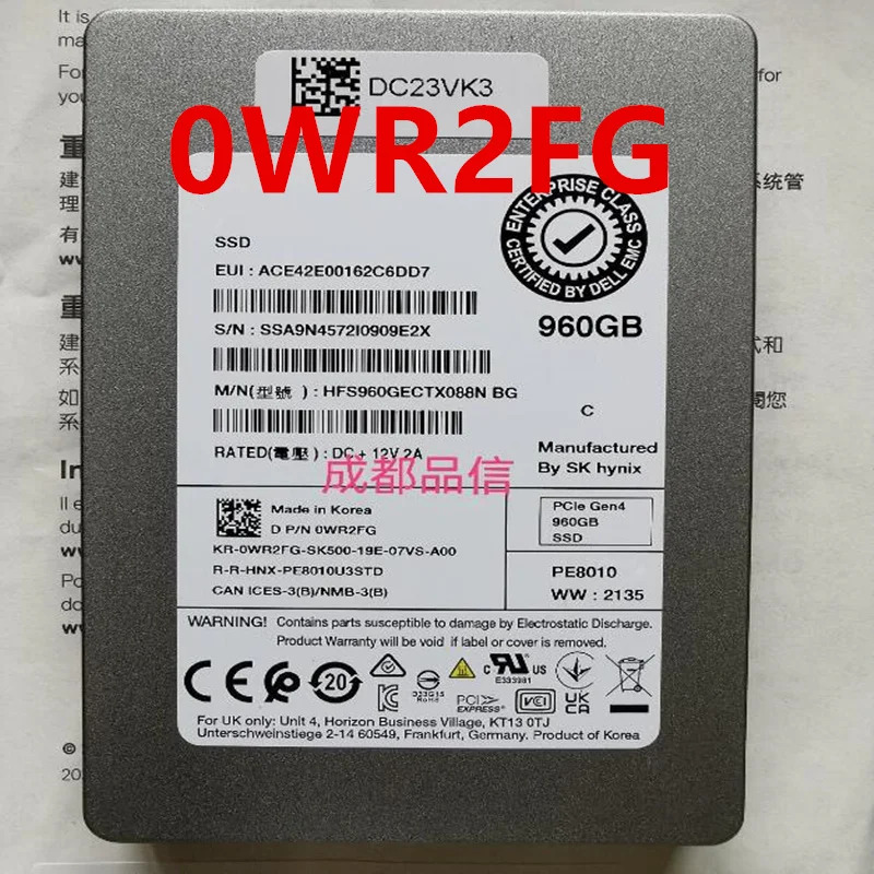 DELL PE8010 오리지널 솔리드 스테이트 드라이브 960GB U2 SSD 0WR2FG WR2FG 신
