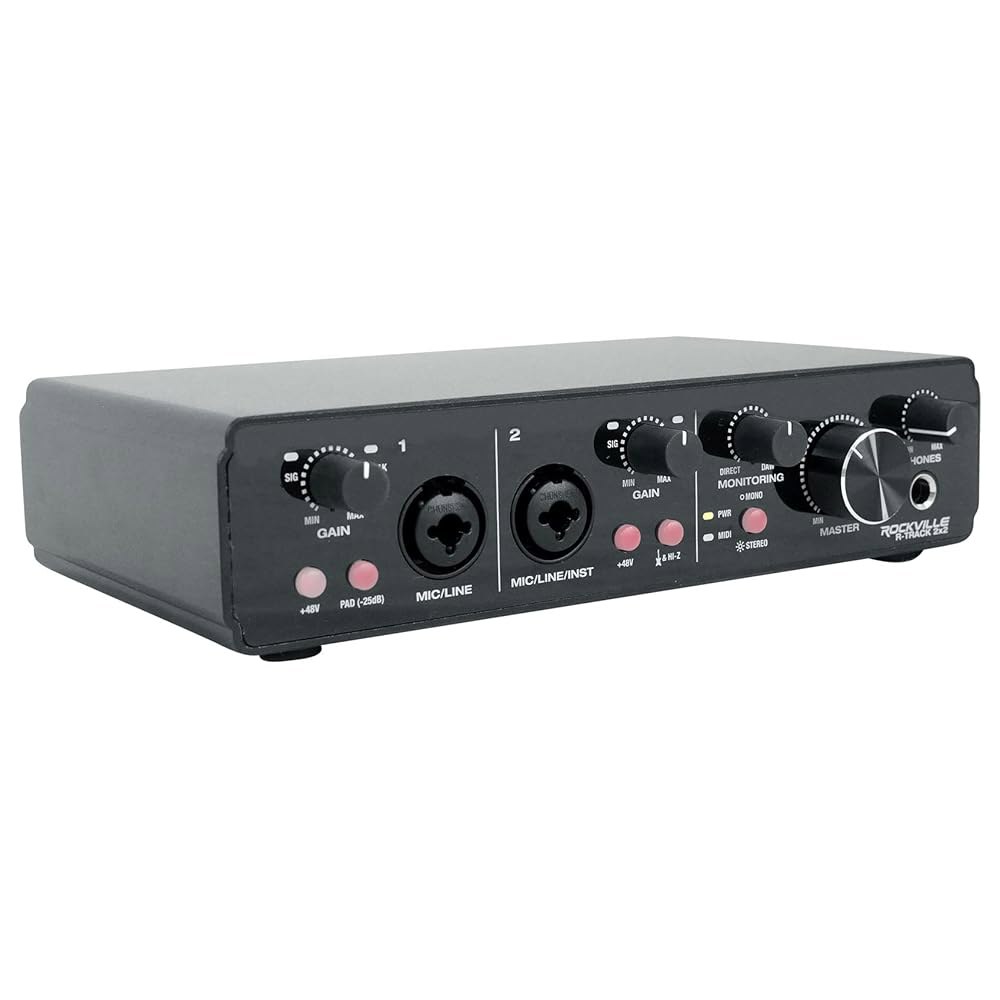Rockville R-TRACK 2x2 USB 2.0 오디오 인터페이스, 24비트 /192kHz, 콤보 잭이 있는 마이크 프레스 2개, MIDI I/O, 팬텀 파워, 스튜디오 녹음 - 상세 이미지 3