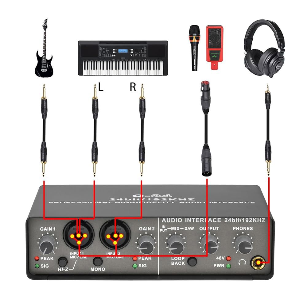 USB 오디오 인터페이스, 2채널 192KHz 24비트, XLR TRS 입력 팬텀 전원, 컴퓨터 녹음 기타 마이크 홈 스튜디오 뮤지션용 사운드 카드 - 상세 이미지 3