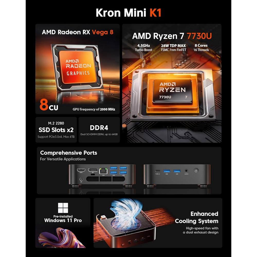 ACEMAGICIAN AMD 미니 PC Ryzen 7730U, 32GB SSD, DDR4 컴퓨터 데스크탑 트리플 게이밍 512GB 4K 게임/사무실/가정용 마이크로 디스플레이/Wi - 상세 이미지 2