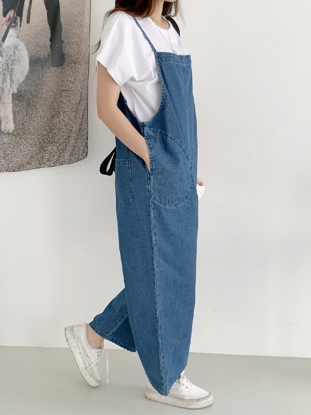 여름점프수트 데님 청 오버롤 멜빵 와이드 점프수트 팬츠 이미지 8