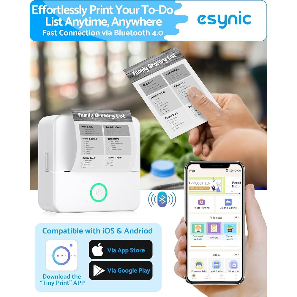 eSynic 휴대용 미니 스티커 프린터-1200mAh 충전식 프린터-Lnkless 5개-DIY/사진/학습 컨트롤-5롤 노트용 접착제 배터리-블루투스 앱 감열지 컬러 펜 및 6개 - 상세 이미지 3