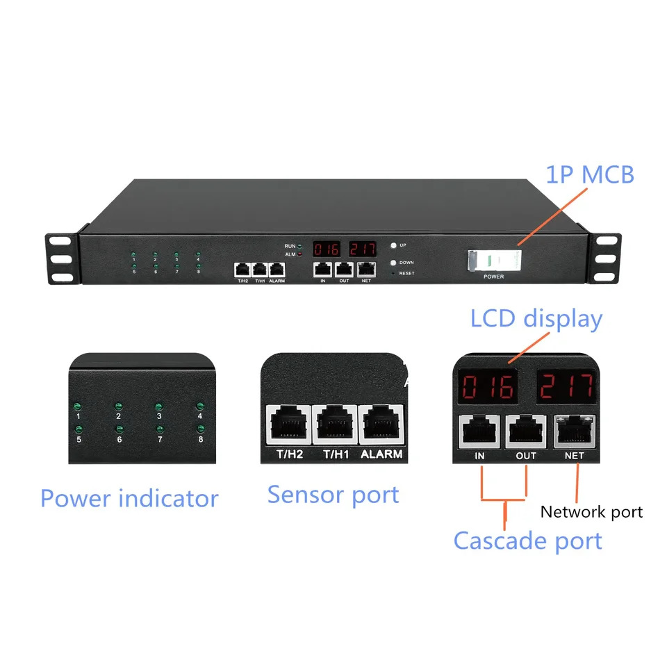 원격 네트워크 스마트 전원 분배 1P 회로차단기 15A 250V 8 소켓 PDU 시트 금속 쉘 OEM