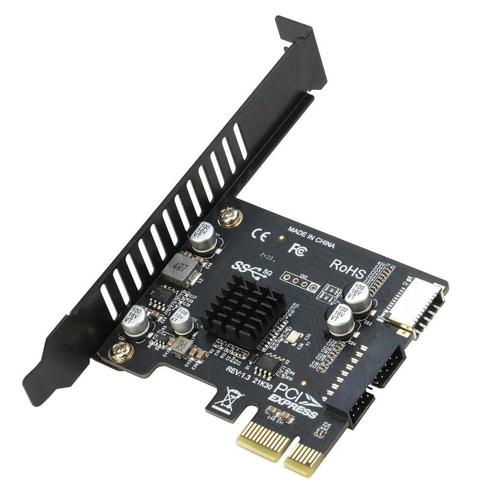 PCIe에서 20핀 + 타입-E 내장 카드, RIITOP PCI-e x1에서 (19+1) 핀 USB 3.0 소켓 및 C 타입-e (A 키) 전면 패널 헤더 확장 어댑터 5Gbps - 상품 이미지