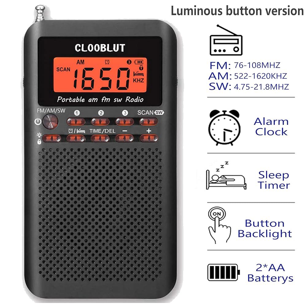 RD218 단파 라디오 FM/AM/SW 밴드 트랜지스터 AA LCD 수면 사운드 타이머, 백라이트 수신, 구동, 시계 디스플레이 미니 최고의 품질 배터리로 알람 키 디지털 - 상세 이미지 2