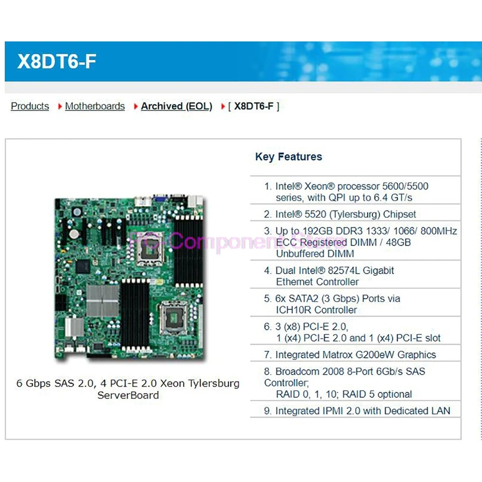 Supermicro 마더보드 Xeon 프로세서 5600/5500 시리즈 SATA2 PCI-E 2.0X8DT6-F 전LAN DDR3이 포함된 통합 IPMI 2.0