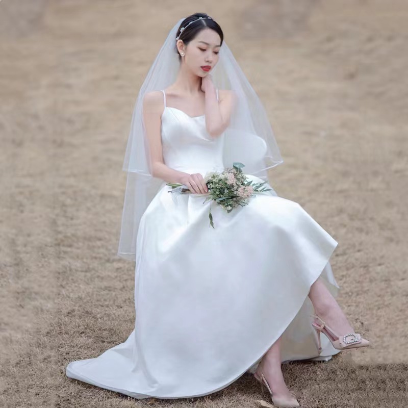 신부 드레스 셀프 웨딩 결혼식 촬영 2부 새틴 연회장 심플 들러리 브라이덜 가운 - 상세 이미지 3