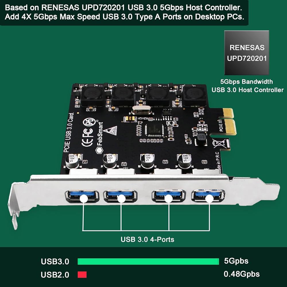 Windows 11, 10, 8.x, 7, Vista, XP 데스크톱 PC용 FebSmart 4 포트 초고속 5Gbps USB 3.0 PCI Express 확장 카드, 자체 전원 - 상세 이미지 2