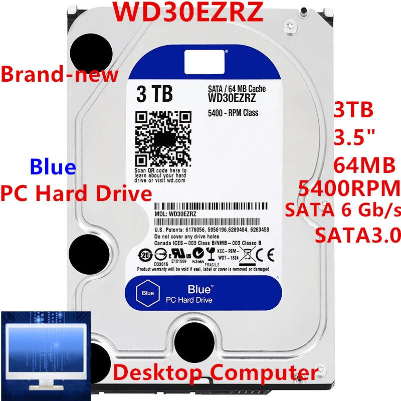 데스크탑 하드 드라이브 WD30EZRZ내장 WD Blue 3TB 3.5 SATA 6 Gb/s 64MB 5400RPM새 원본 HDD