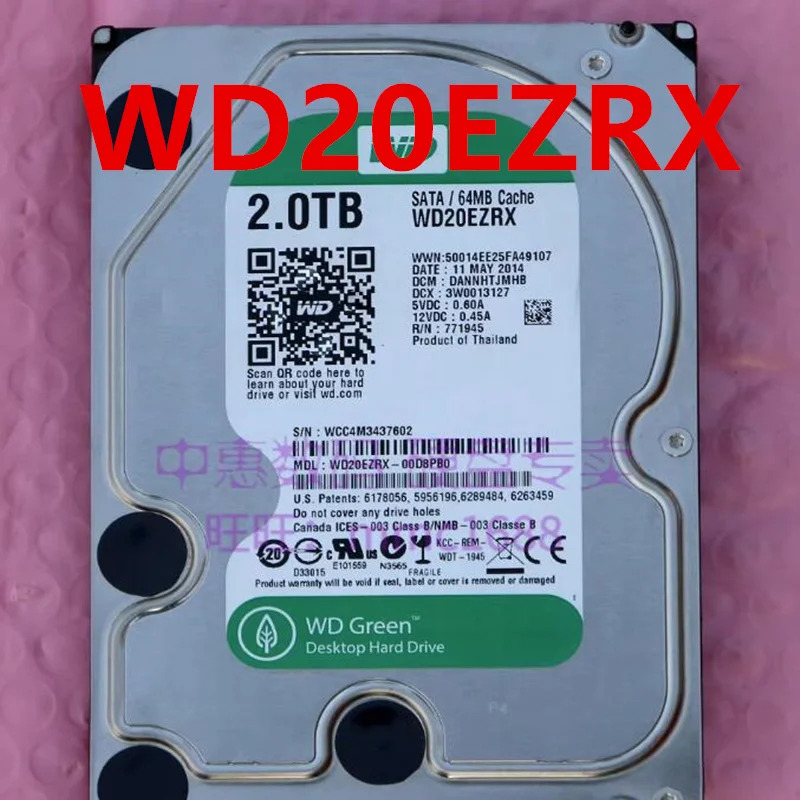 오리지널 하드 WD 2TB SATA 3.5 인치 5900RPM 64MB 데스크탑 HDD WD20EZRX