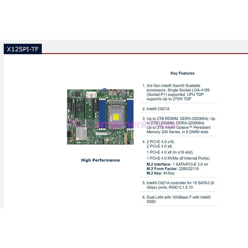 슈퍼마이크로 MBD-X12SPI-TF-B 서버 마더보드 LGA4189 IPMI M.2 C621A TPM VROC 지지대 8375 X12SPI-TF