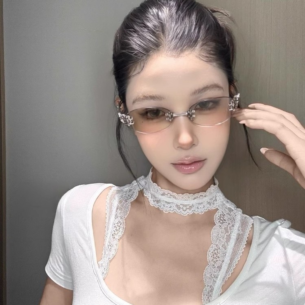 Y2K 무테 선글라스 실버 메탈 타원형 레트로 패션 아이웨어 실버 프레임 미러 렌즈 - 상세 이미지 4