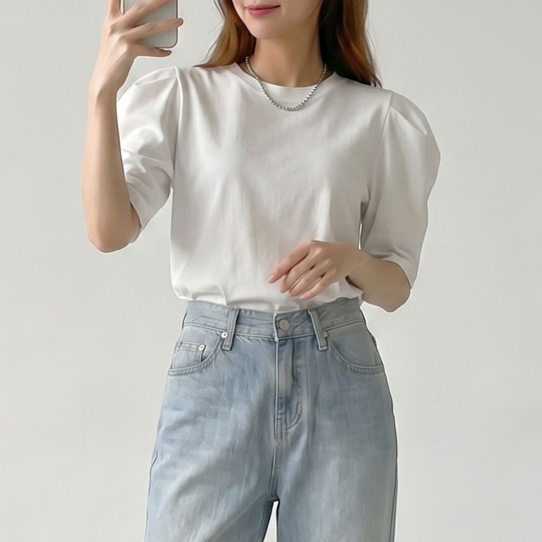 1+1 맘오브유 어깨셔링 코튼 퍼프 반팔 티셔츠 - 상세 이미지 4