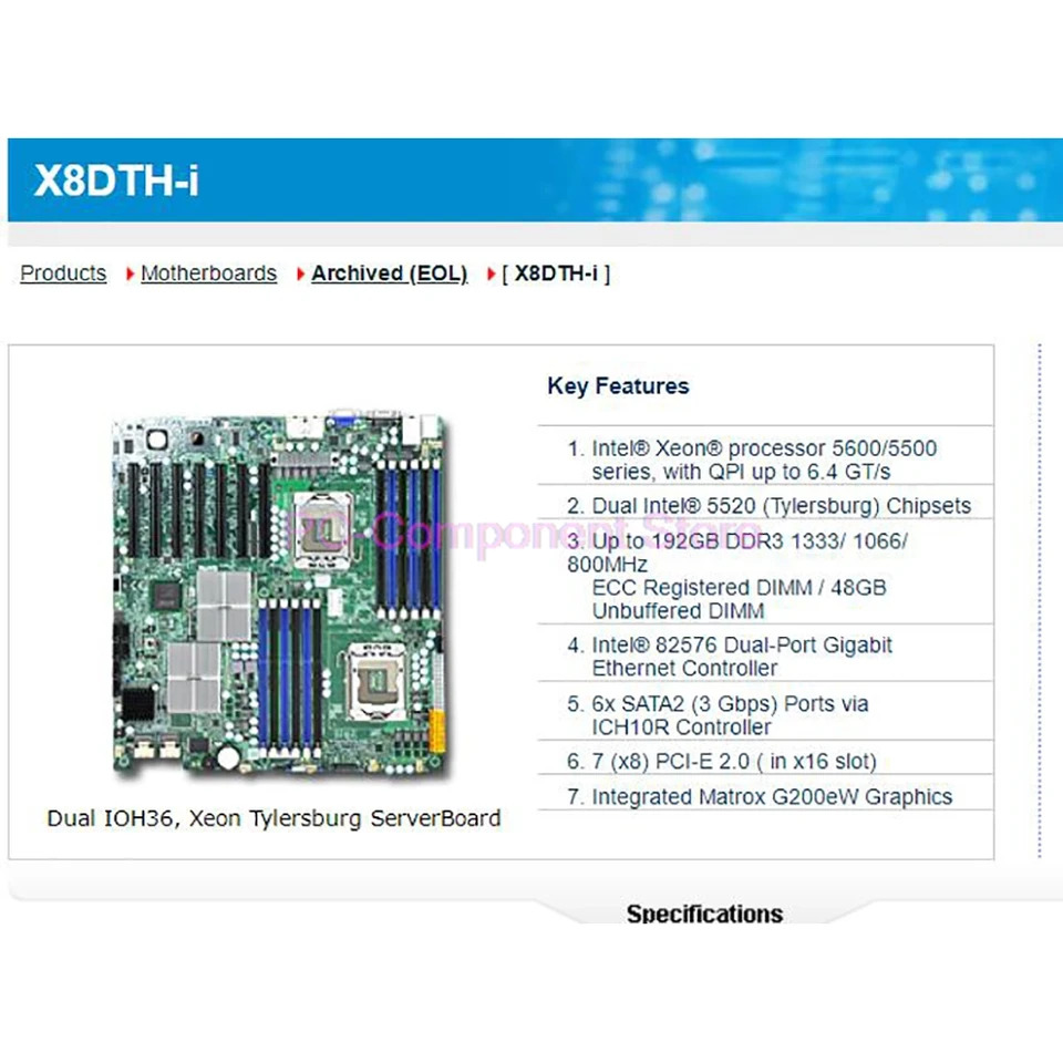 Supermicro ServerBoard Xeon 프로세서 5600/5500 시리즈 SATA2 PCI-E 2.0 DDR3 듀얼 포트 기가비트 이더넷X8DTH-i