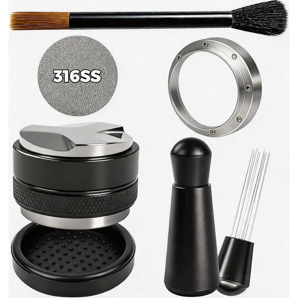 51mm 에스프레소 액세서리 키트, 매트, WDT 도구, 투약 깔때기, 퍽 스크린 및 청소 브러시가 포함된 커피 디스트리뷰터 탬퍼 레벨러, 포터필터 머신용 바리스타 도구 - 상품 이미지