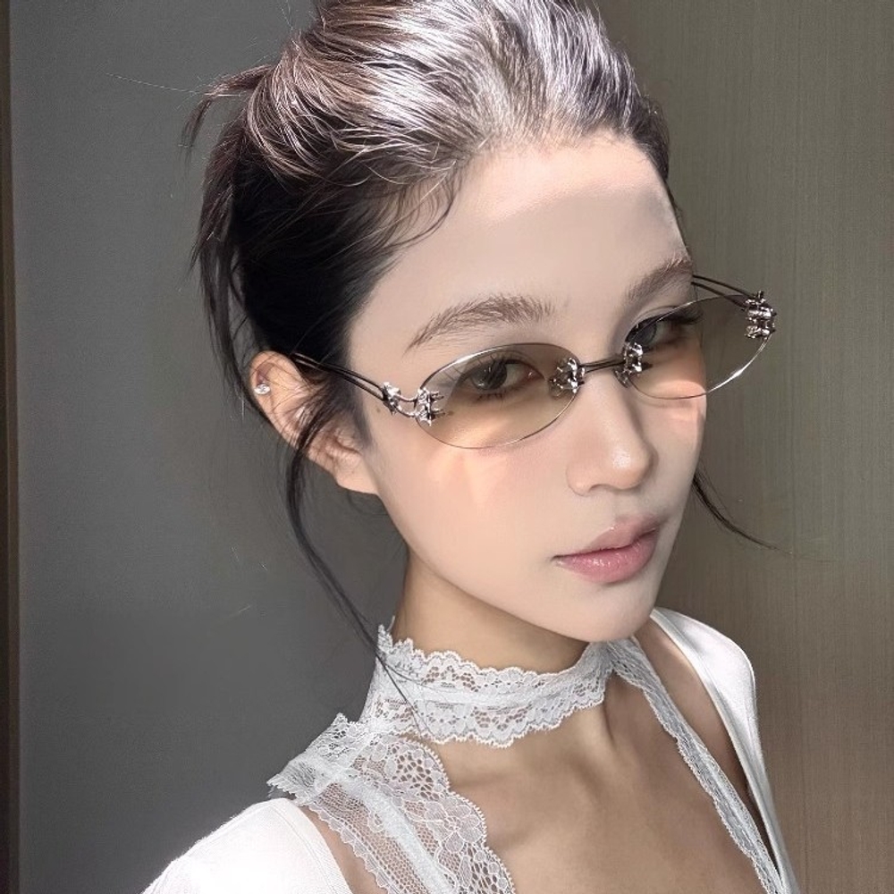 Y2K 무테 선글라스 실버 메탈 타원형 레트로 패션 아이웨어 실버 프레임 미러 렌즈 - 상품 이미지