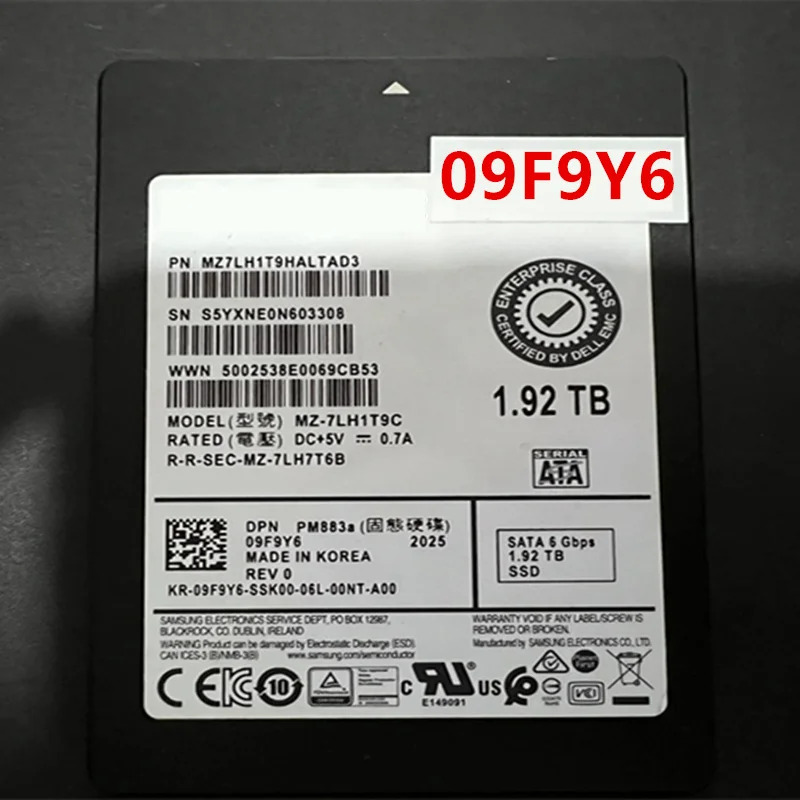 DELL 1.92TB 2.5 인치 SATA SSD솔리드 스테이트 드라이브 PM883a 09F9Y6 MZ-7LH1T9C 거신