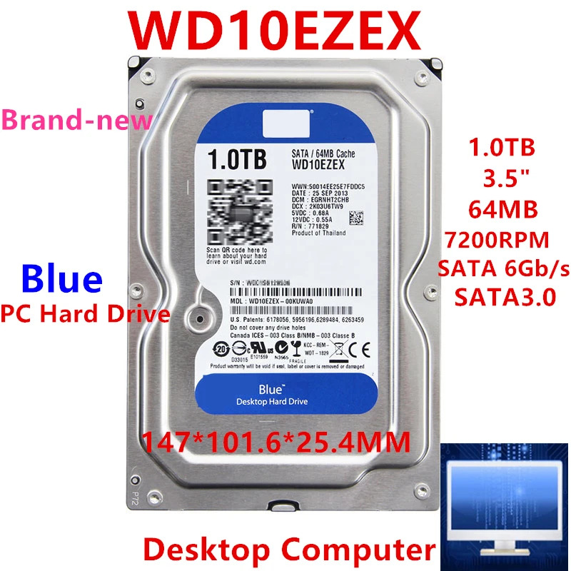 WD10EZEX데스크탑 하드 드라이브내장 WD Blue 1TB 3.5 SATA 6 Gb/s 64MB 7200RPM새 원본 HDD