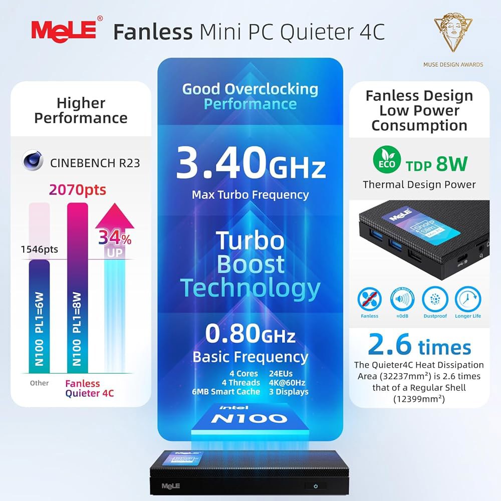 MeLE Quieter4C N100 팬리스 미니 PC, 트리플 4K 윈도우 마이크로 소형 산업용 SSD 512GB 11 프로 듀얼 전원, PC 컴퓨터 HDMI, 16GB LPDDR - 상세 이미지 2