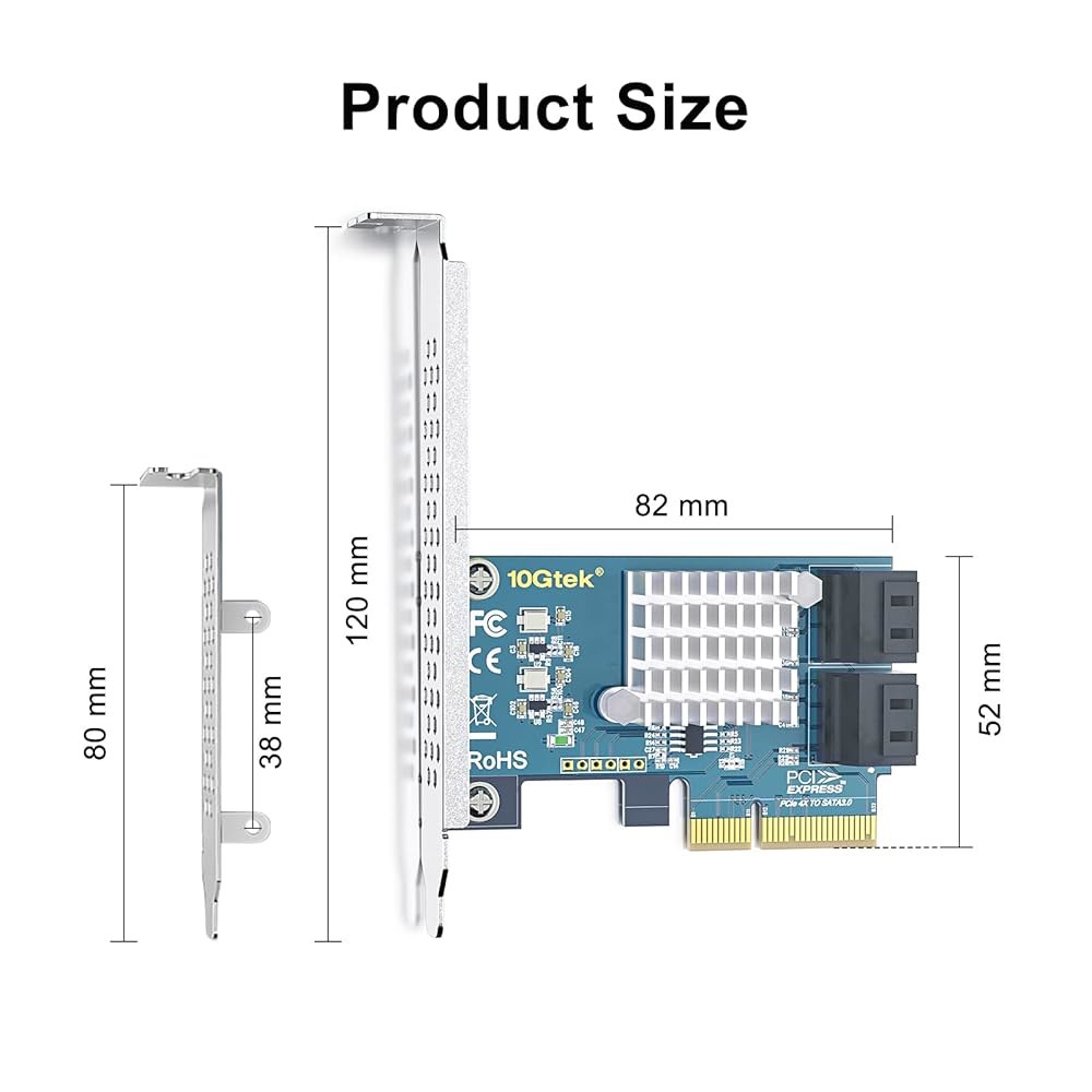 10Gtek PCIe SATA 카드 4포트, 6Gbps SATA3.0 컨트롤러 x4 레인 확장 카드, 데스크톱 및 NAS 스토리지용 SSD/HDD 지원 2-Port PCI-e X1 - 상세 이미지 3