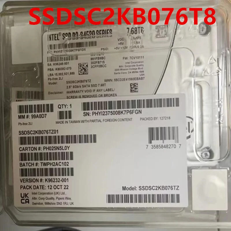 SSD D3-S4520 7.68TB 2.5 인치 SATA SSDSC2KB076T801 SSDSC2KB076T8 솔리드 스테이트 드라이브 신