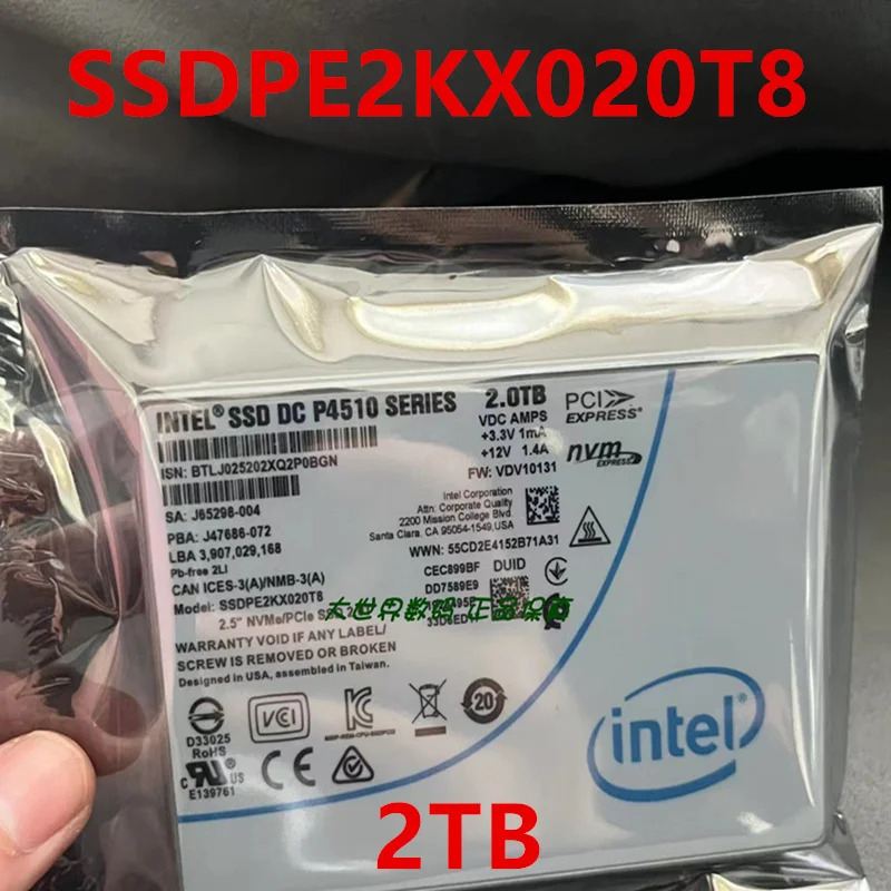 SSD DC P4510 오리지널 솔리드 스테이트 드라이브 SSDPE2KX020T8 SSDPE2KX020T801 2TB 2.5 인치 U.2 신