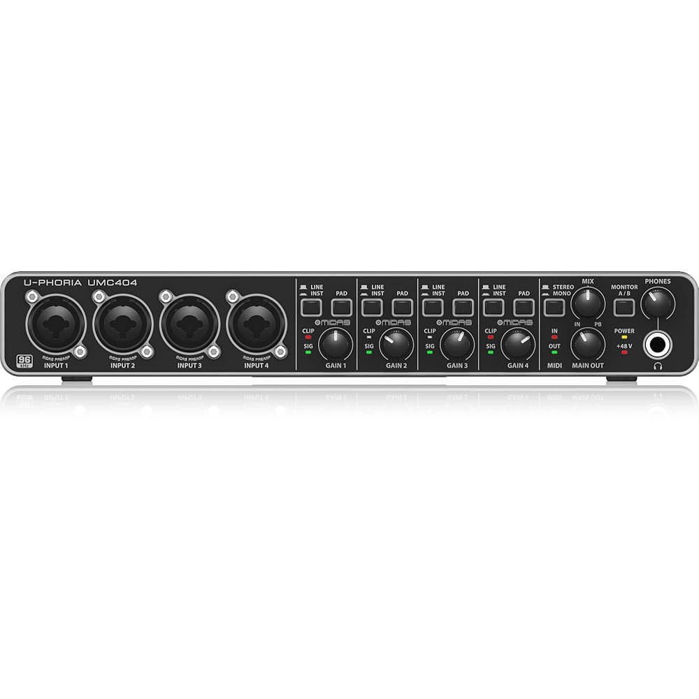 Behringer UMC404HD 오디오 파일 4x4, 24비트 / 192Khz USB MIDi 인터페이스 및 Midas Mic 프리앰프 | 마이크 악기 녹음용 - 상품 이미지