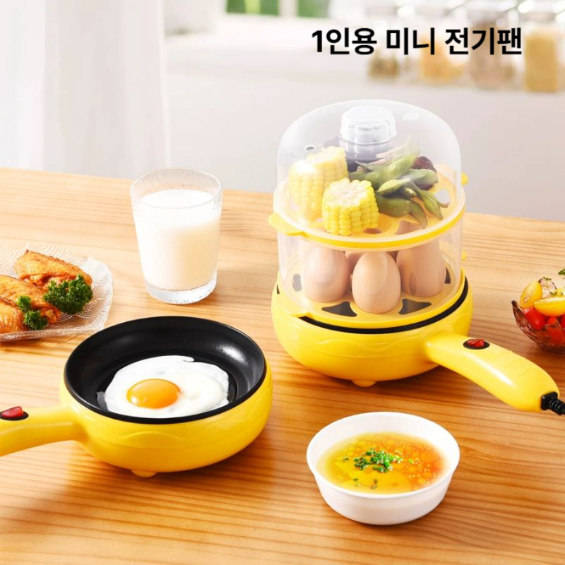 미니 전기팬 1인용 멀티쿠커 혼밥 라면 계란후라이 저전력 안전 온도조절 논스틱 프라이팬 대형 나무 주걱 포함 뚜껑 없음 - 상품 이미지