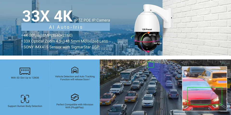 야외 CCTV 감시 카메라 와이퍼 SD 카드 슬롯 30X 프로 고속 돔 IP PTZ IR 150M 8MP 4K 33X 줌