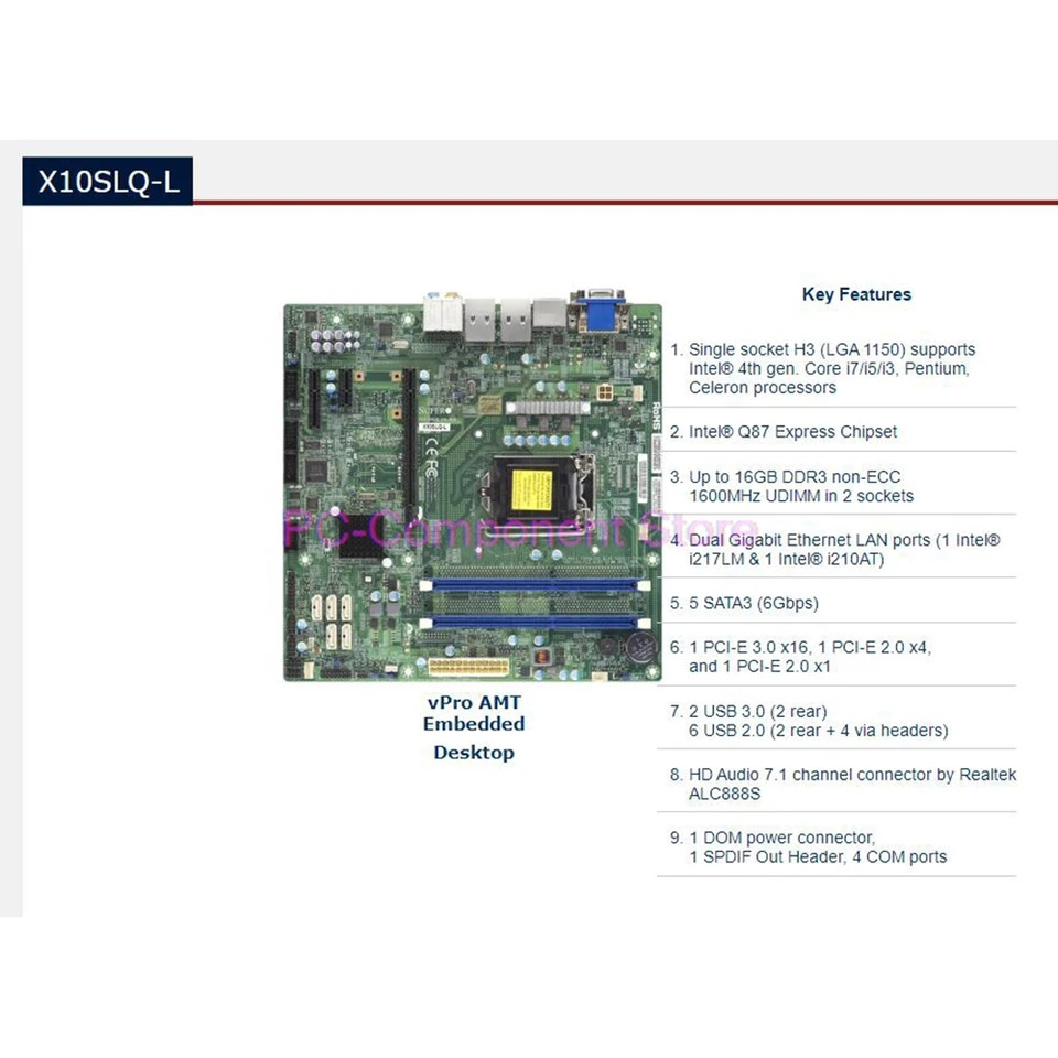 Supermicro 임베디드 데스크탑 마더보드 대코어 i7/i5/i3 16GB 비ECC LGA1150 DDR3 X10SLQ-L