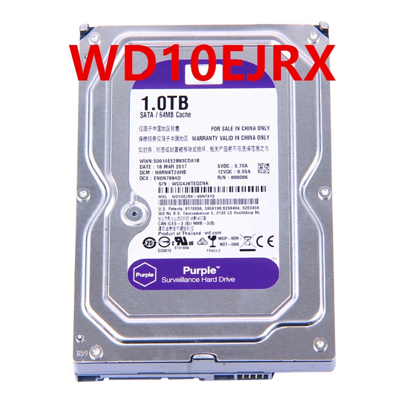 WD10EJRX 감시 HDD 내장 하드 WD Purple 1TB 3.5 SATA 6 Gb/s 64MB 5400RPM 새 원본
