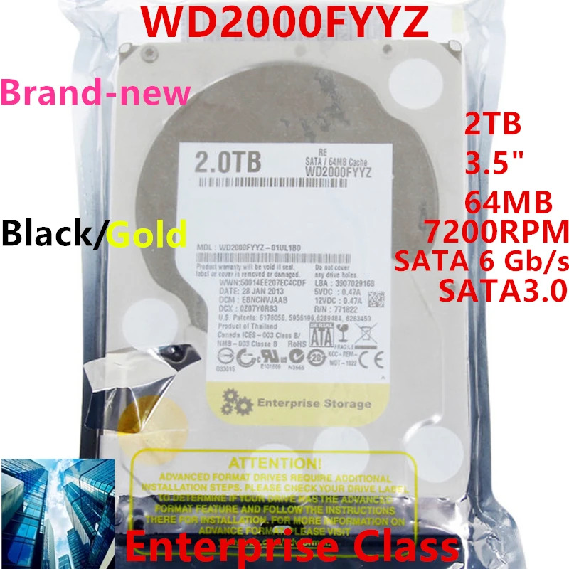 WD 블랙 골드 전오리지널 HDD 엔터프라이즈 WD2000FYYZ WD2000F9YZ 2TB 3.5 인치 SATA 64MB 7.2K 신