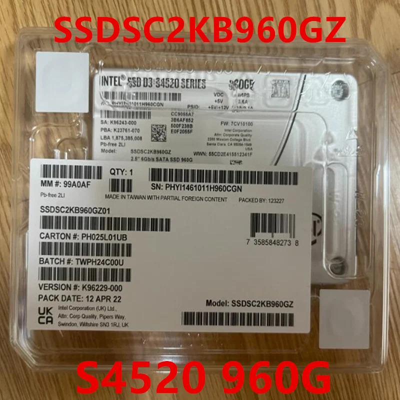 SSD D3-S4520 오리지널 솔리드 스테이트 드라이브 SSDSC2KB960GZ01 SSDSC2KB960GZ 960GB 2.5 인치 신