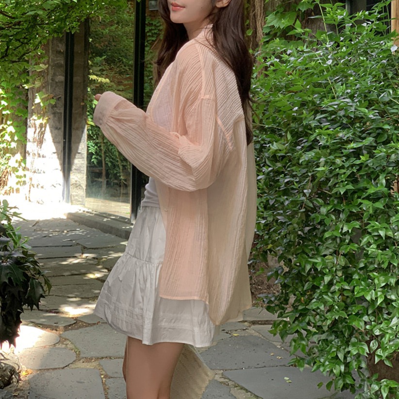 여성용 링클 오버핏 텐셀 시스루 롱셔츠 이미지 6