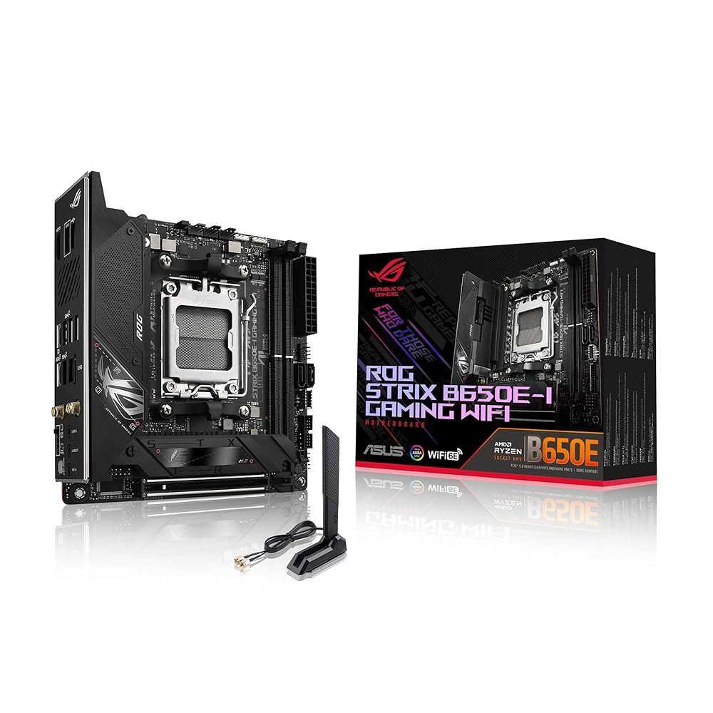 ASUS ROG Strix B650E-I 게이밍 Wi-Fi 데스크탑 Gen 3.2 유형 10+2 Ryzen 파워 mini-ITX 8000 M.2 B650 DDR5, 및 2x2 US - 상품 이미지