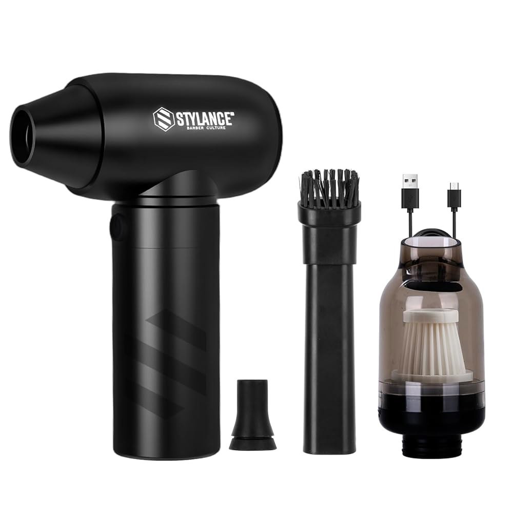 STYLANCE Barber 에어 더스터, 110000 RPM 도구, 먼지 필터가 블로어, 헤어, 알루미늄 2개 위한 터보 키보드, 충전식 헤어 PC용 2-in-1 노즐 미니 클리 - 상품 이미지